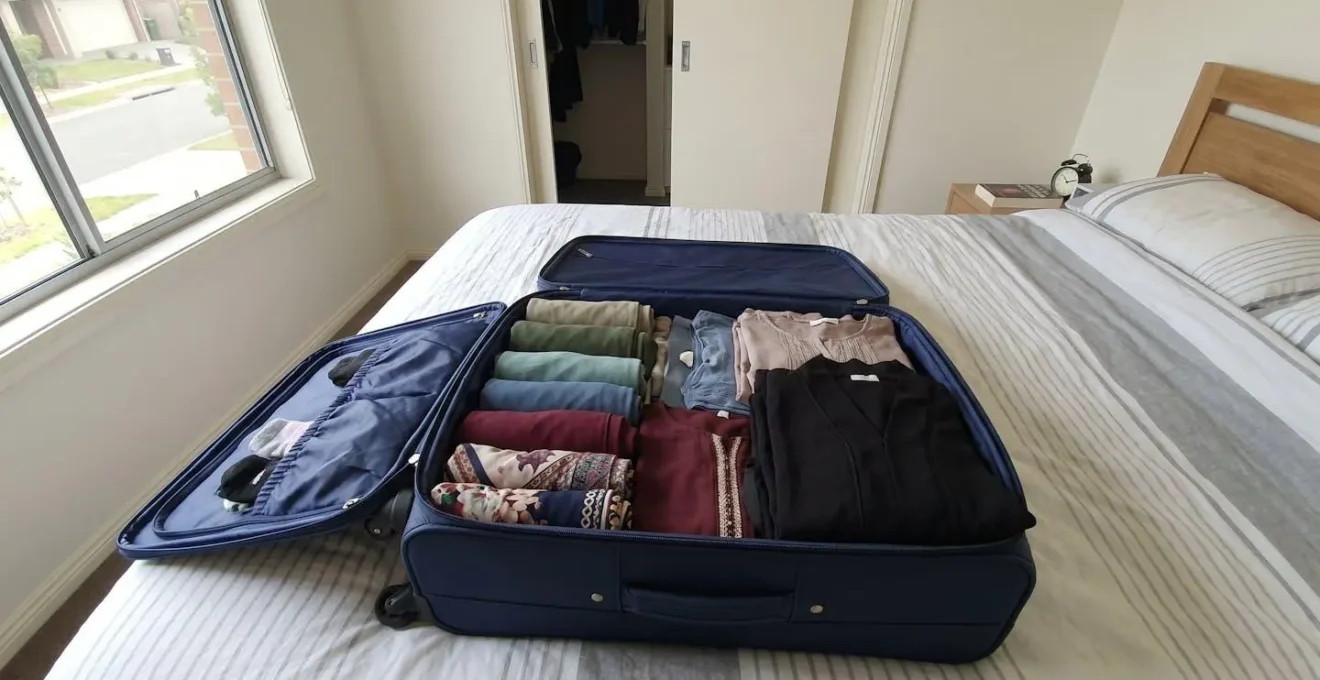 Valise ouverte posée sur un lit moderne avec des hijabs de différentes couleurs soigneusement roulés et une abaya pliée, chambre lumineuse en arrière-plan flou