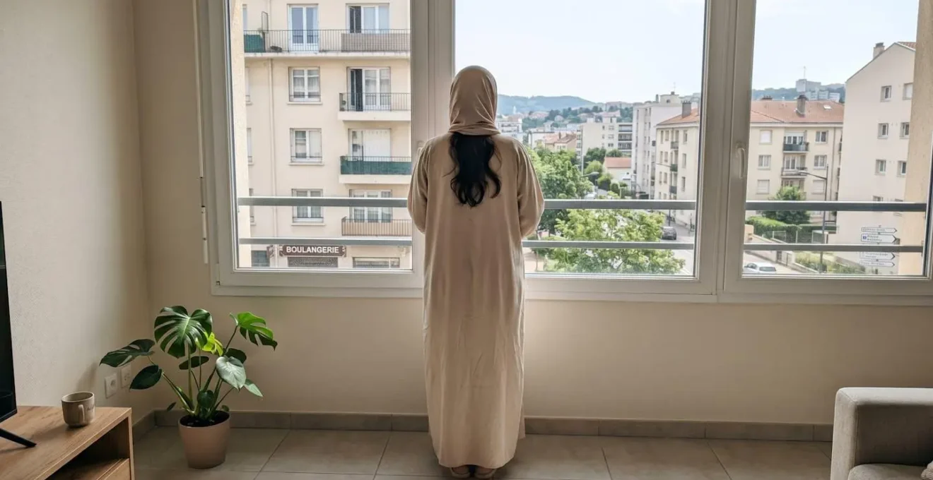 Femme en abaya beige vue de dos contemplant un paysage urbain ensoleillé depuis une fenêtre