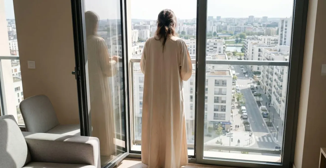Femme en abaya beige vue de dos contemplant un paysage urbain ensoleillé depuis une fenêtre