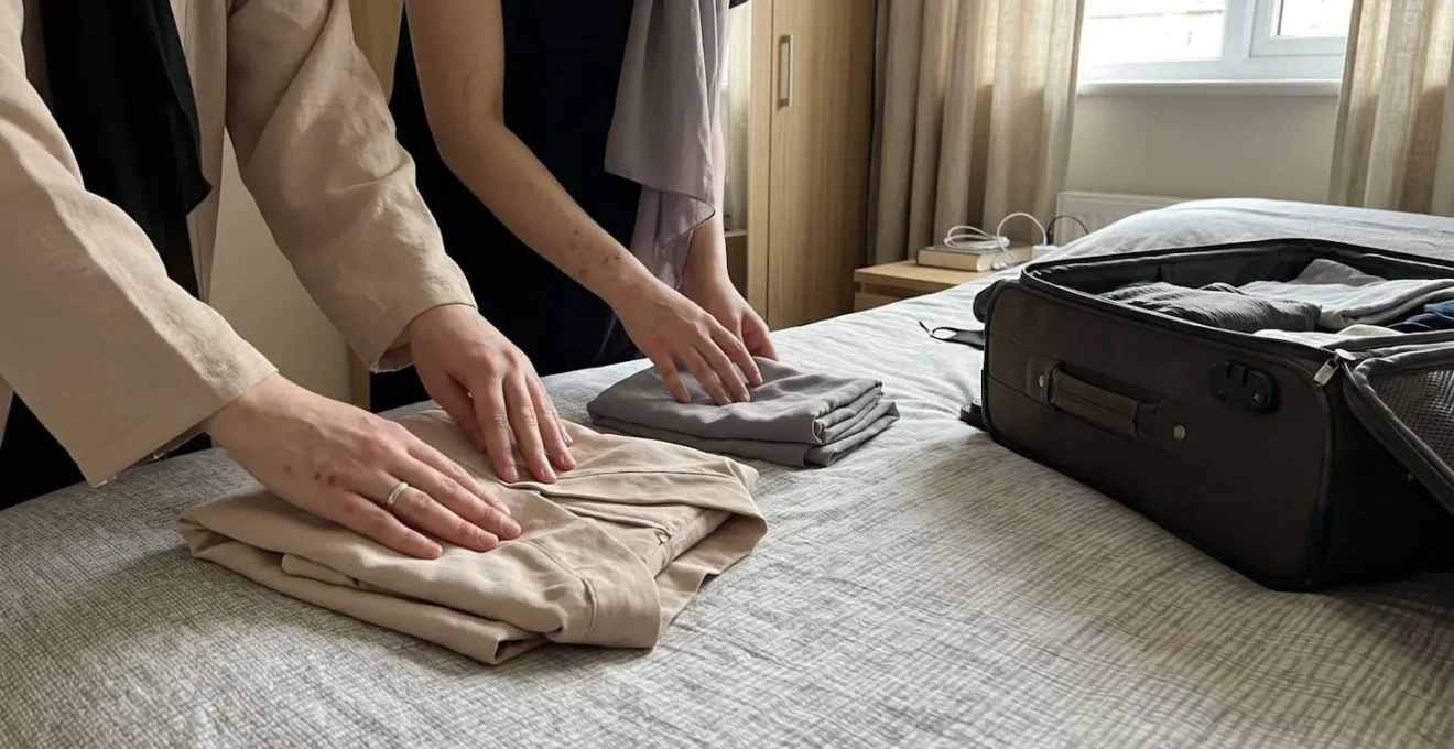 Deux mains disposent soigneusement une abaya beige pliée et un hijab dans une valise ouverte sur un lit