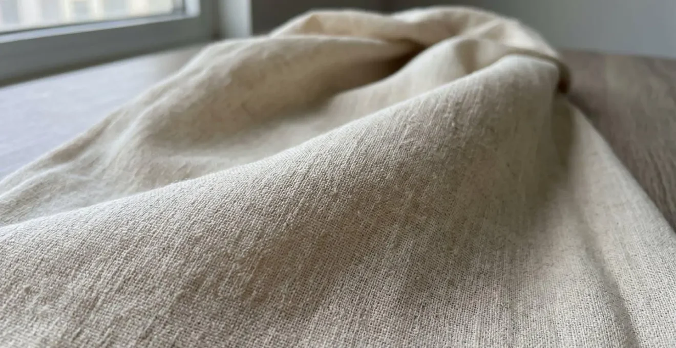Gros plan macro sur le tissage d'une abaya en lin beige clair révélant la structure aérée de la matière