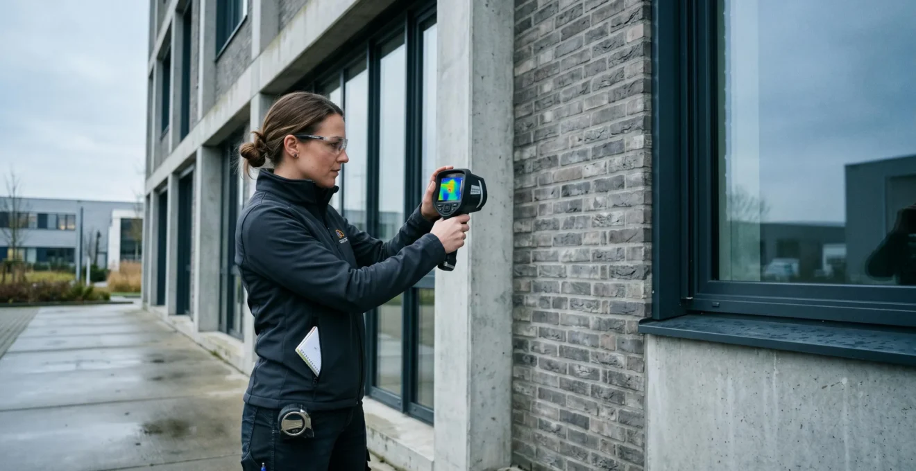 Auditeur énergétique utilisant une caméra thermique pour analyser les déperditions de chaleur sur le mur d'un bâtiment de bureaux
