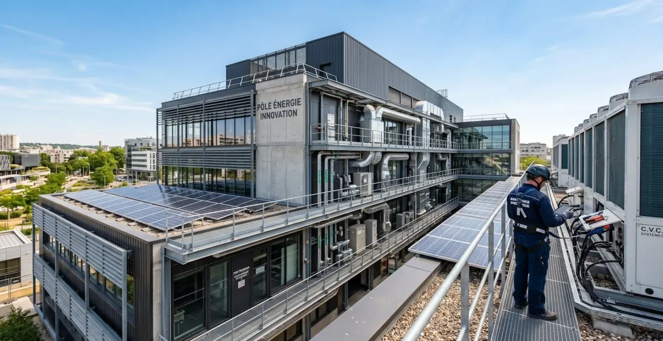 Technicien inspectant les systèmes énergétiques sur la façade d'un bâtiment tertiaire moderne avec panneaux solaires et équipements de ventilation