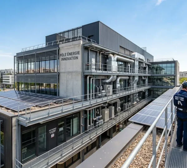 Technicien inspectant les systèmes énergétiques sur la façade d'un bâtiment tertiaire moderne avec panneaux solaires et équipements de ventilation