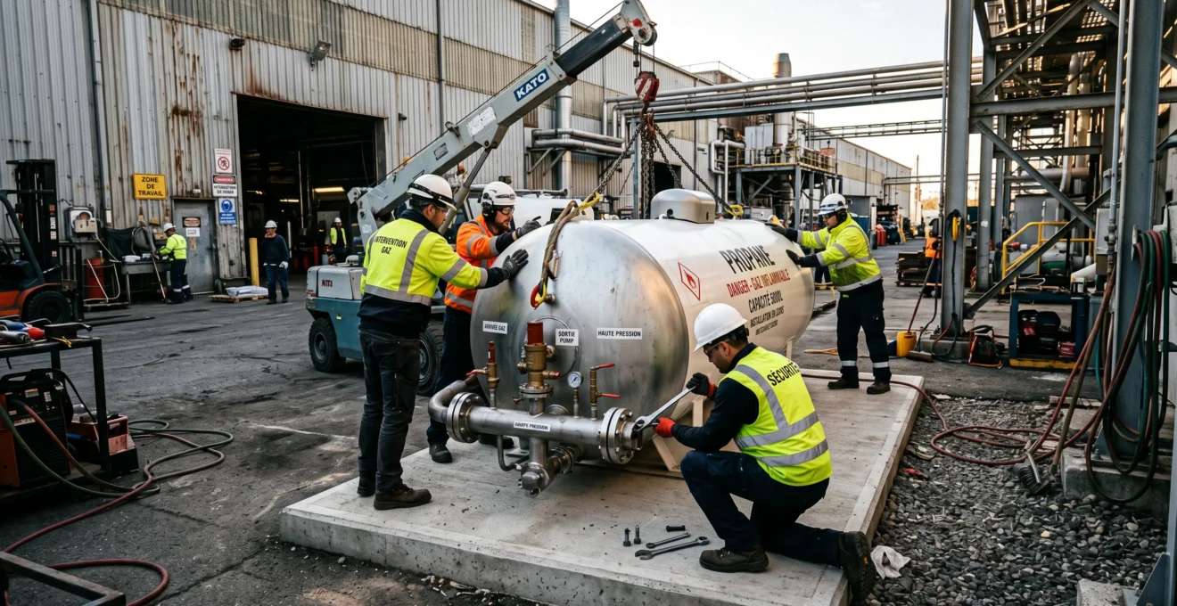 Techniciens spécialisés installant une cuve de gaz propane dans la cour d'un entrepôt industriel avec équipements de sécurité