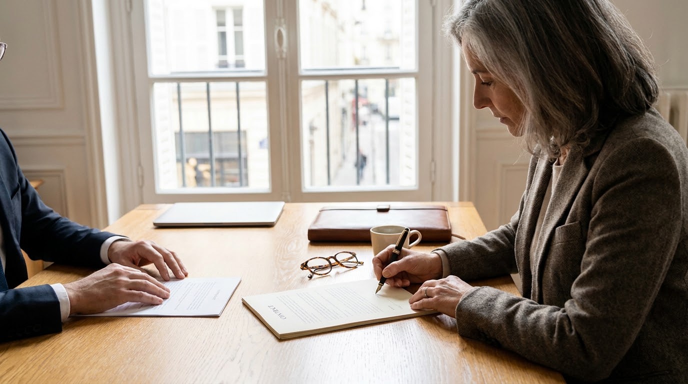Une femme rédige à la main un formulaire de désignation de bénéficiaire sur son bureau, vue par-dessus l'épaule.