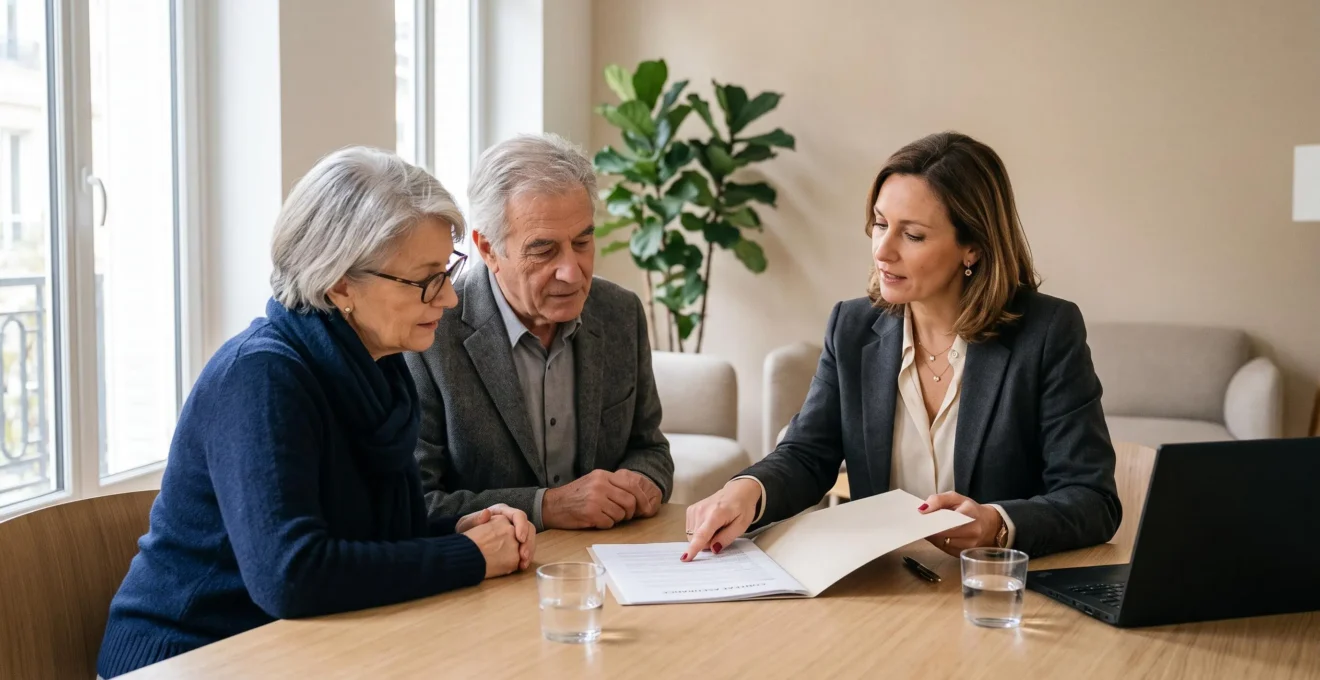 Un couple de seniors écoute un conseiller en assurance vie qui leur présente un contrat de transmission de capital dans un bureau.