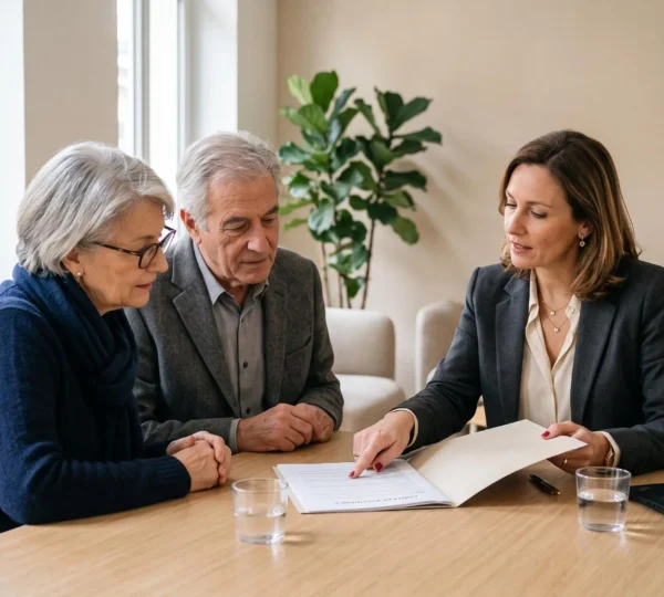 Un couple de seniors écoute un conseiller en assurance vie qui leur présente un contrat de transmission de capital dans un bureau.