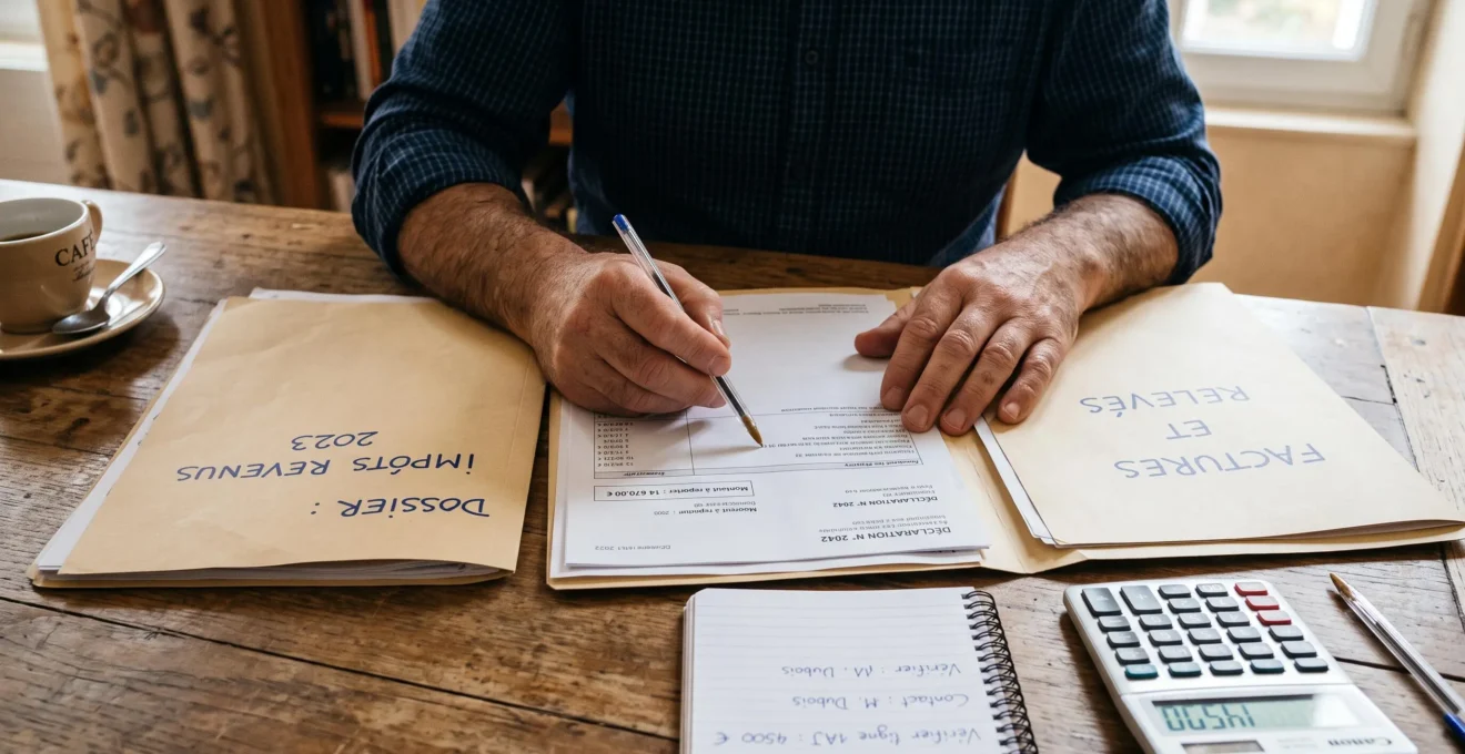 Un homme compare à sa table des documents chiffrés sur la transmission de capital, un stylo pointant une ligne de calcul.