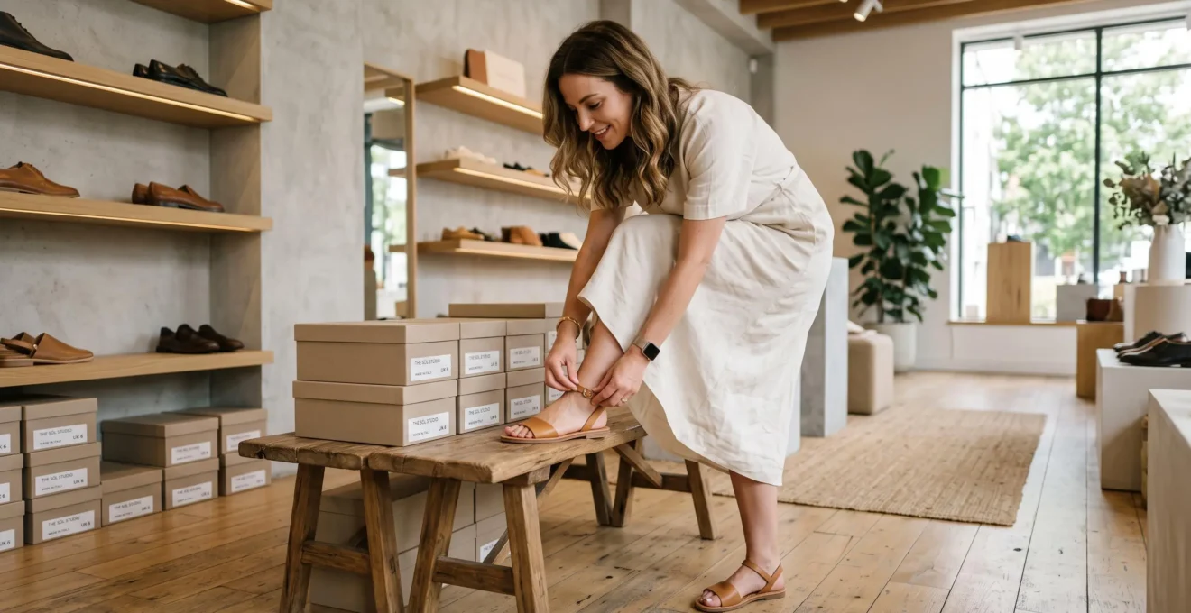 Une cliente ajuste la sangle d'une sandale essayée en magasin.