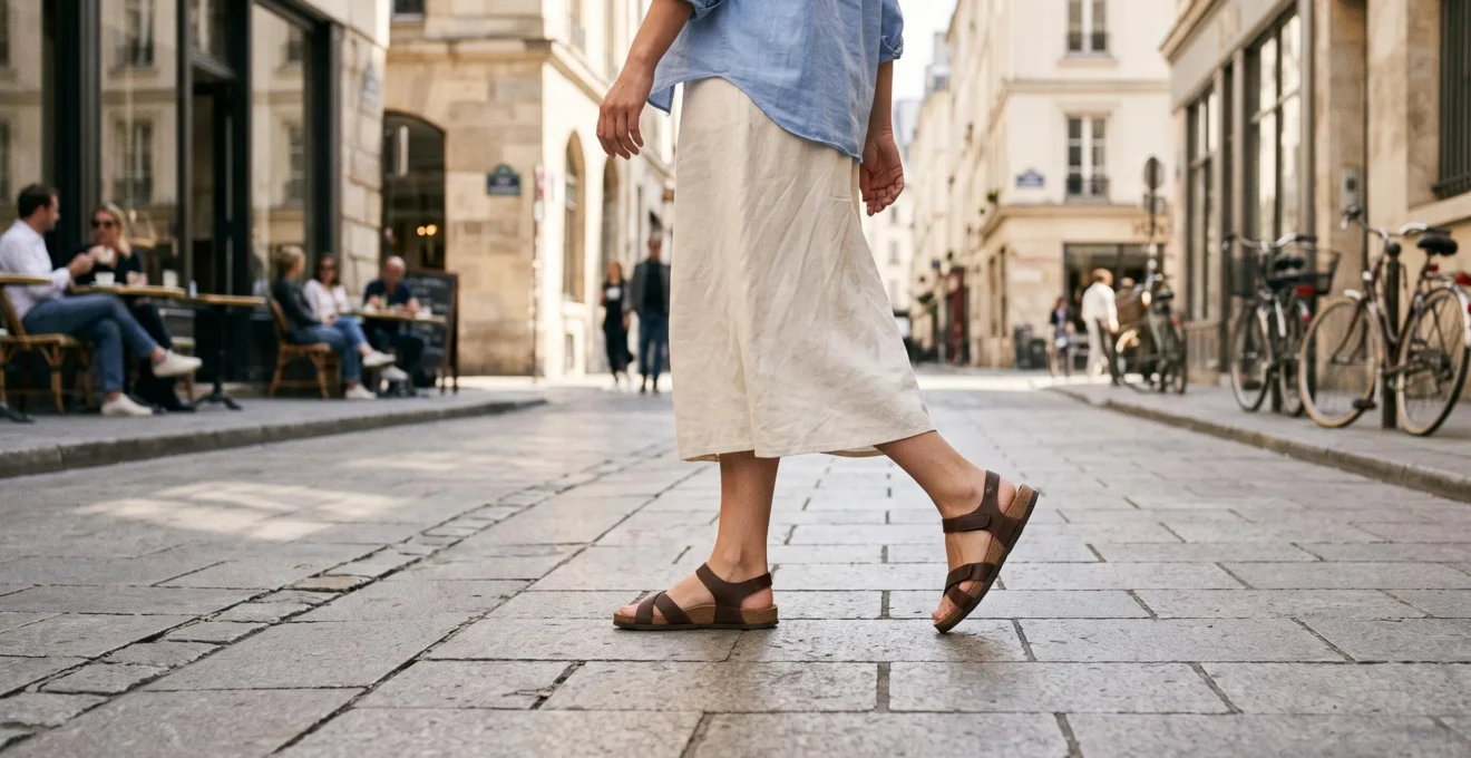 Une femme marche sur un pavé urbain en sandales en cuir maintenues.