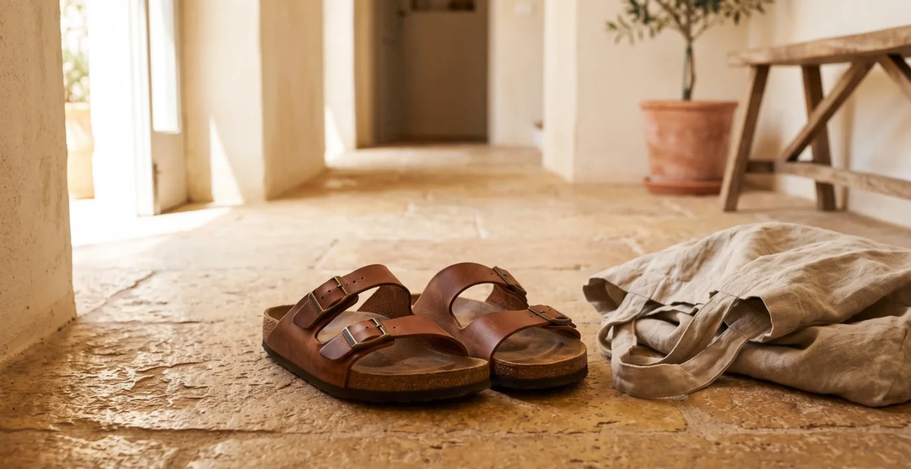 Une paire de sandales en cuir posée sur un sol en pierre clair.